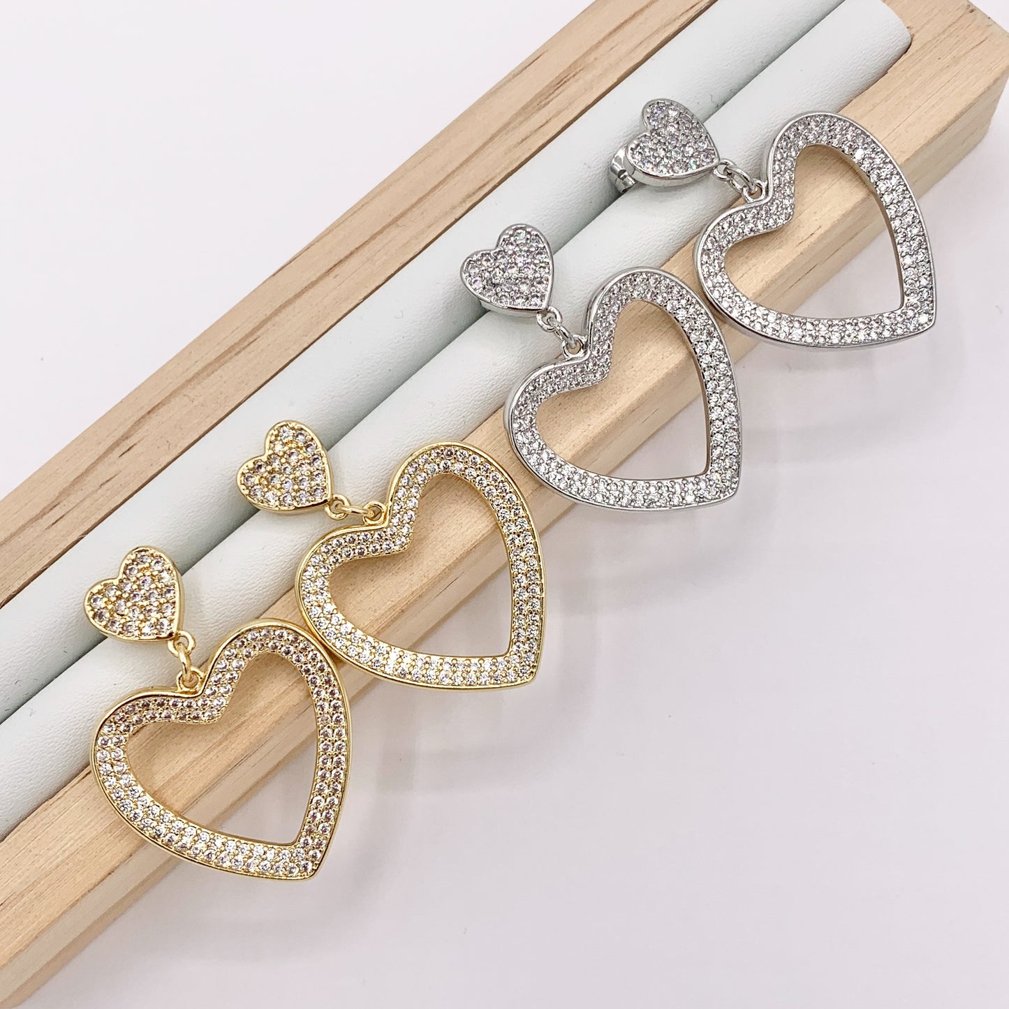 Bold Dangle Heart Earrings in Rhinestone CZ Pave Designed in 18K Gold or Silver Plated Copper 3 pairs