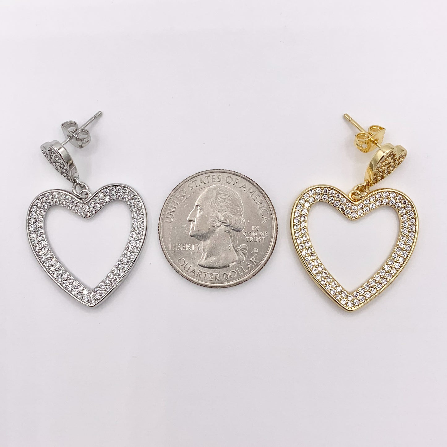 Bold Dangle Heart Earrings in Rhinestone CZ Pave Designed in 18K Gold or Silver Plated Copper 3 pairs