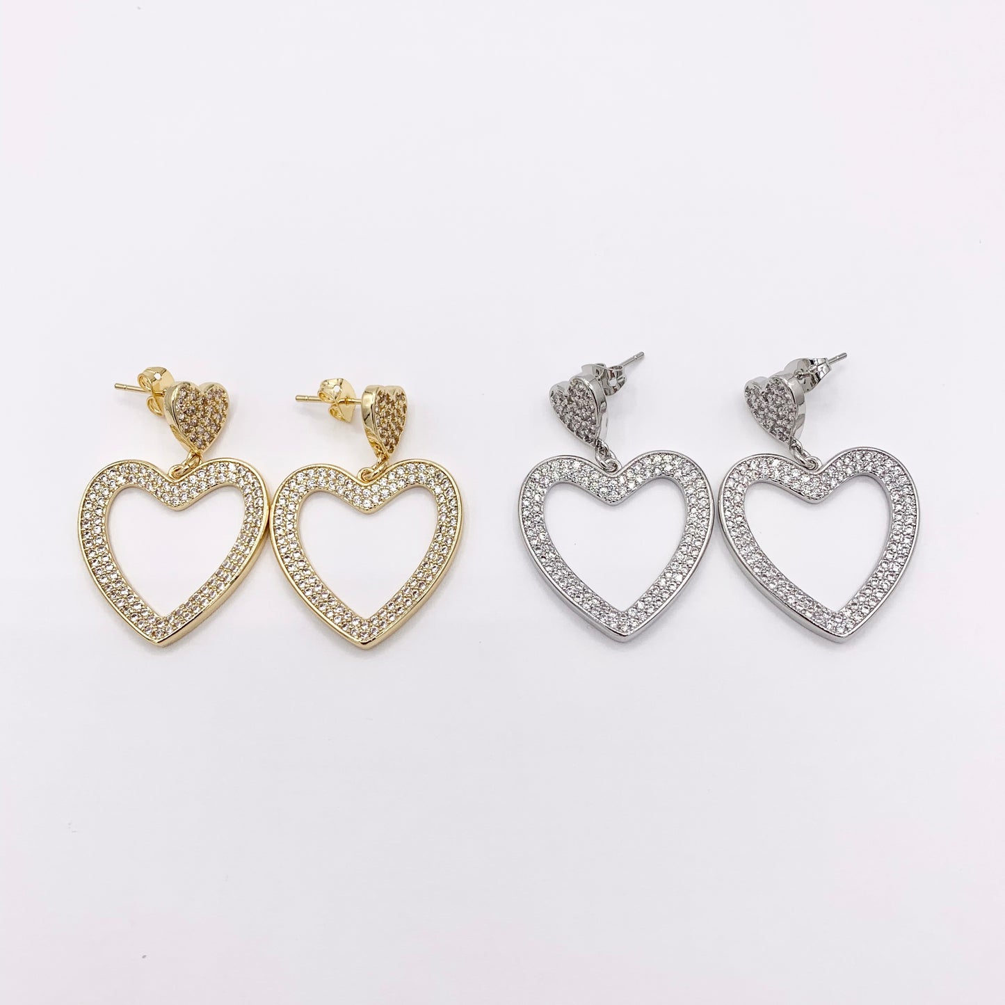 Bold Dangle Heart Earrings in Rhinestone CZ Pave Designed in 18K Gold or Silver Plated Copper 3 pairs
