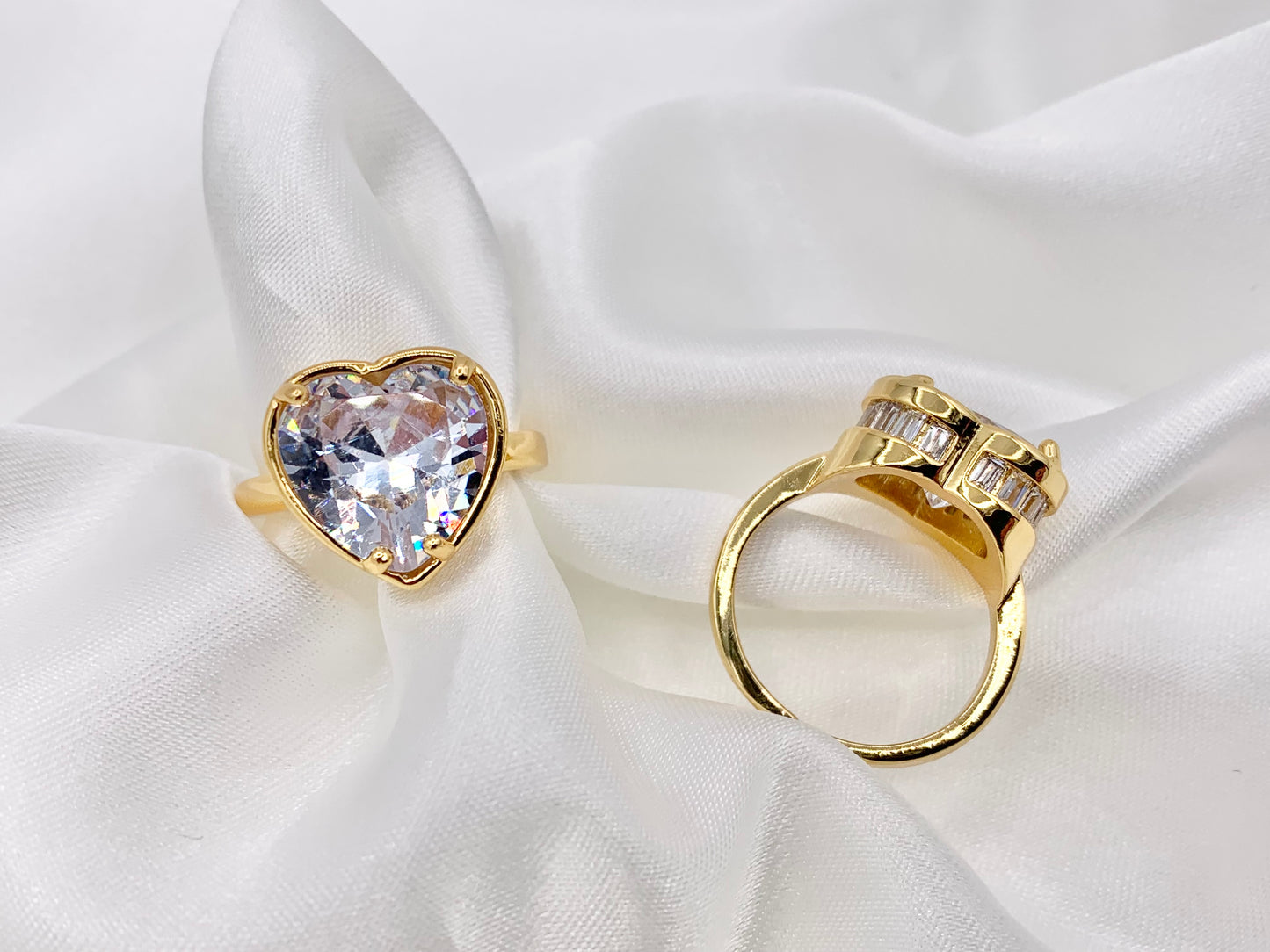 Large Heart Cut Rhinestone Rings in Real 18K Gold Plated CZ Pave Adjustable From Size 6 - 7.5 Statement Ring 3pc