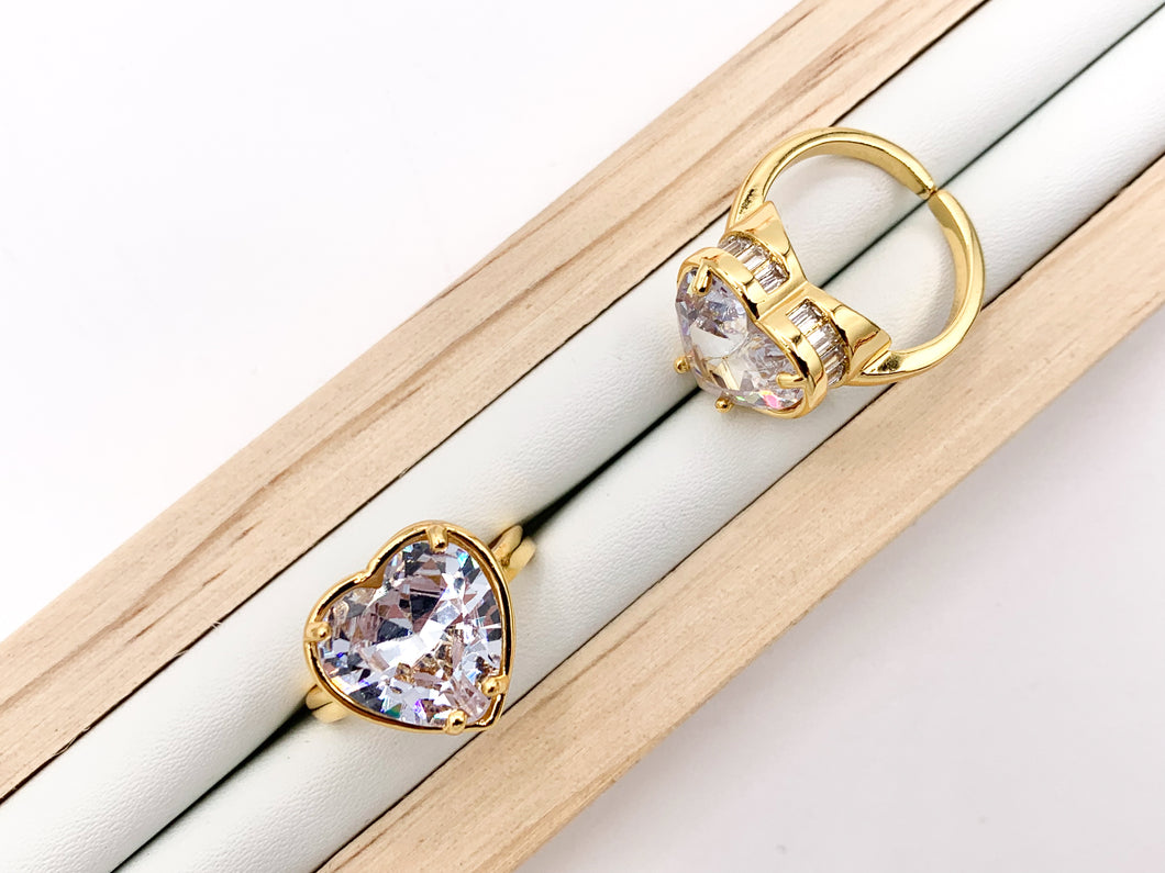 Large Heart Cut Rhinestone Rings in Real 18K Gold Plated CZ Pave Adjustable From Size 6 - 7.5 Statement Ring 3pc