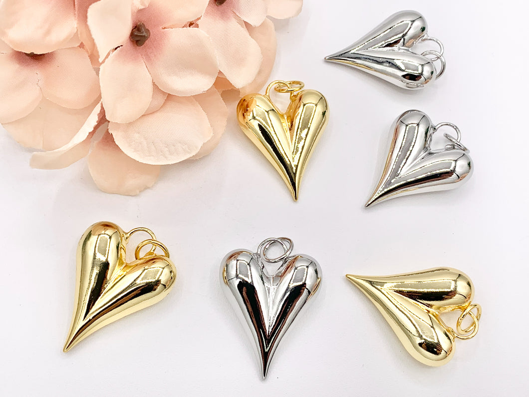 Large Puffy Heart Pendant Charms in 18K Gold or Silver Plated Copper 5 pcs