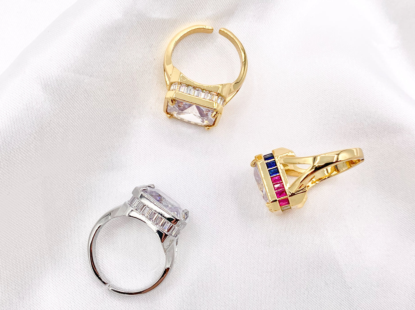 Large Square Asscher Cut Rhinestone Rings in Real 18K Gold and Platinum Plated CZ Pave Adjustable Statement Ring 3 pcs