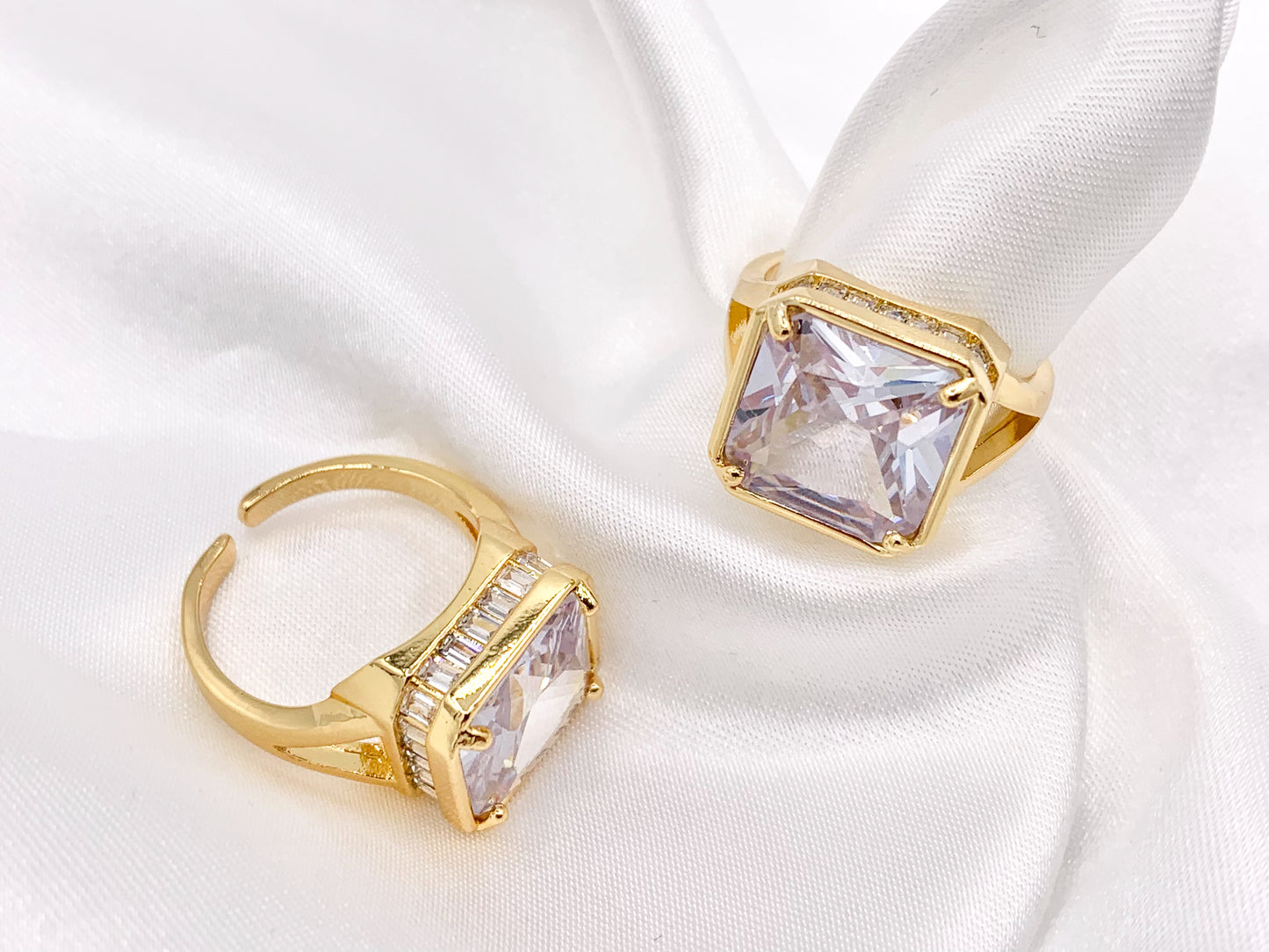 Large Square Asscher Cut Rhinestone Rings in Real 18K Gold and Platinum Plated CZ Pave Adjustable Statement Ring 3 pcs