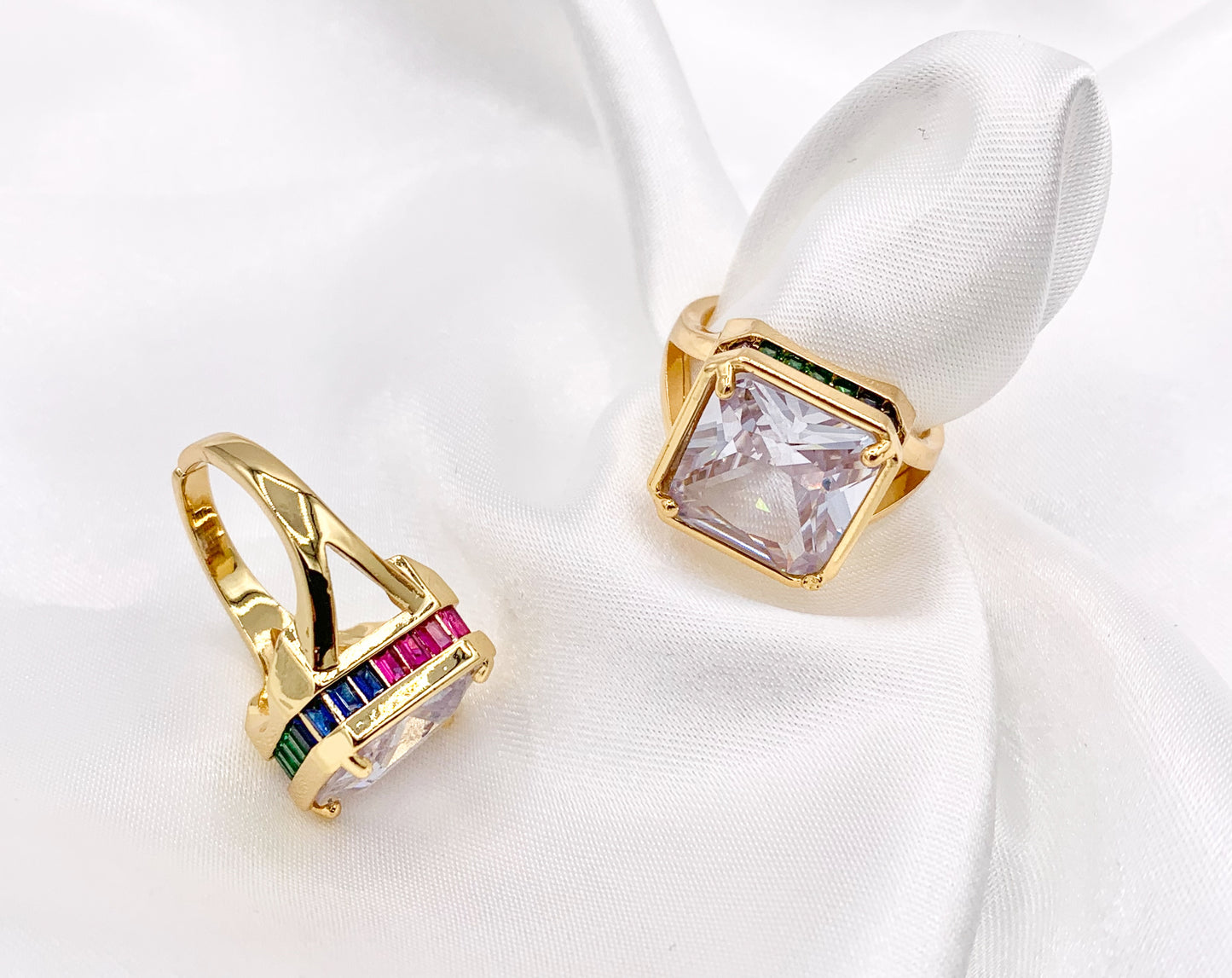 Large Square Asscher Cut Rhinestone Rings in Real 18K Gold and Platinum Plated CZ Pave Adjustable Statement Ring 3 pcs