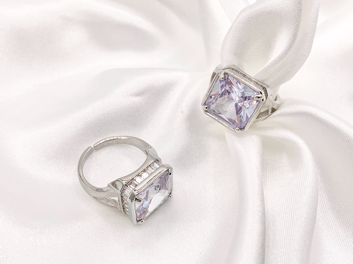 Large Square Asscher Cut Rhinestone Rings in Real 18K Gold and Platinum Plated CZ Pave Adjustable Statement Ring 3 pcs