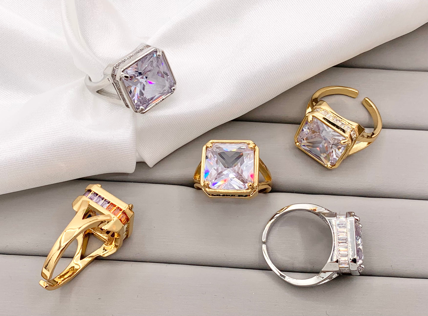 Large Square Asscher Cut Rhinestone Rings in Real 18K Gold and Platinum Plated CZ Pave Adjustable Statement Ring 3 pcs