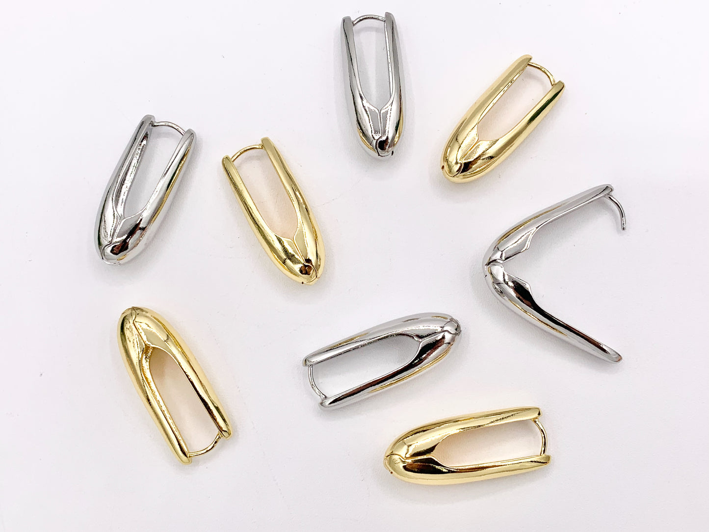 Long Drop Oval Latch Back Hoops Earring Huggies in 18K Gold or Silver Plated Copper 3 pairs