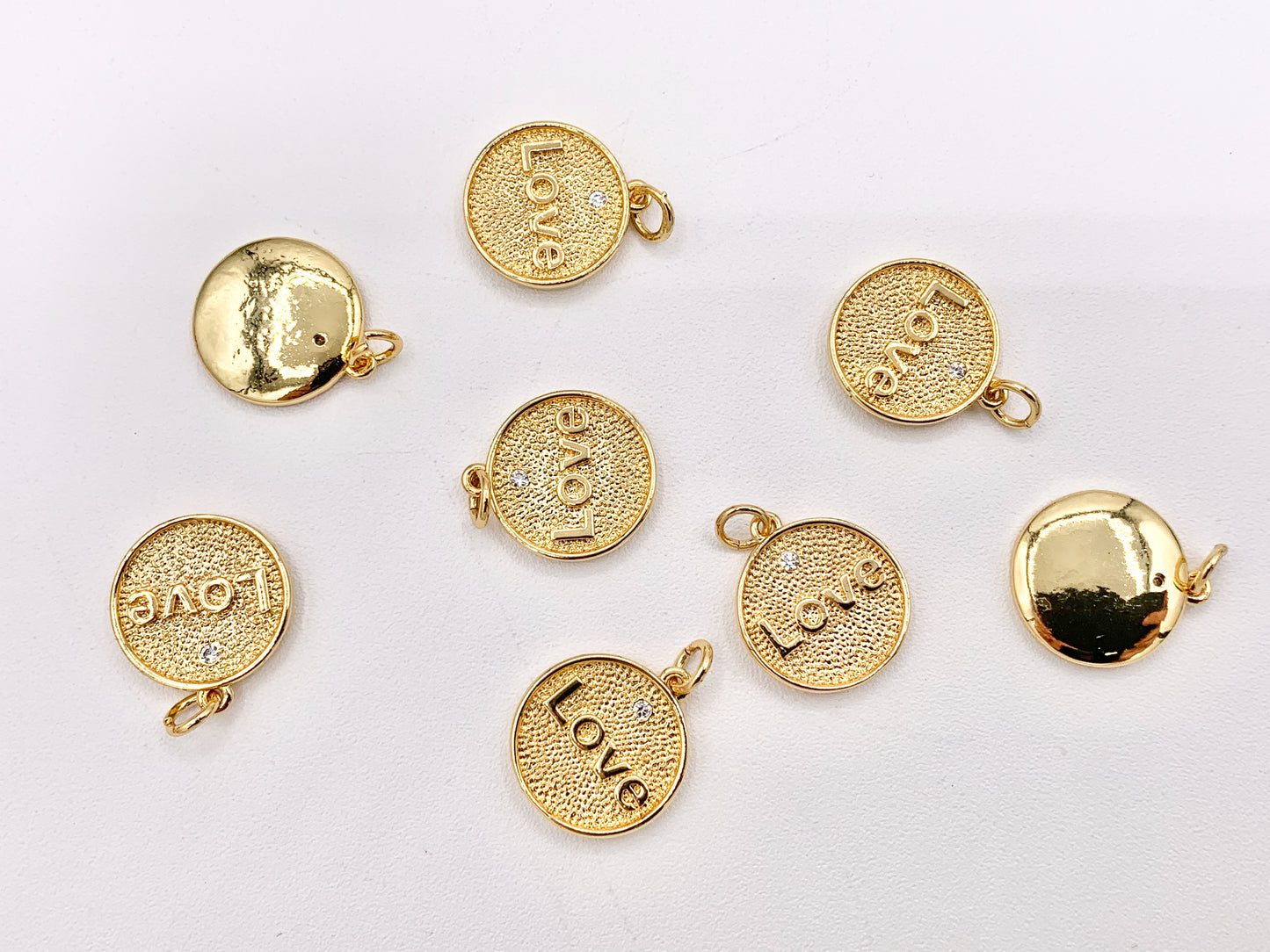 LOVE Coin Circle Charms with CZ Pave in 18K Gold plated Copper 6 pcs