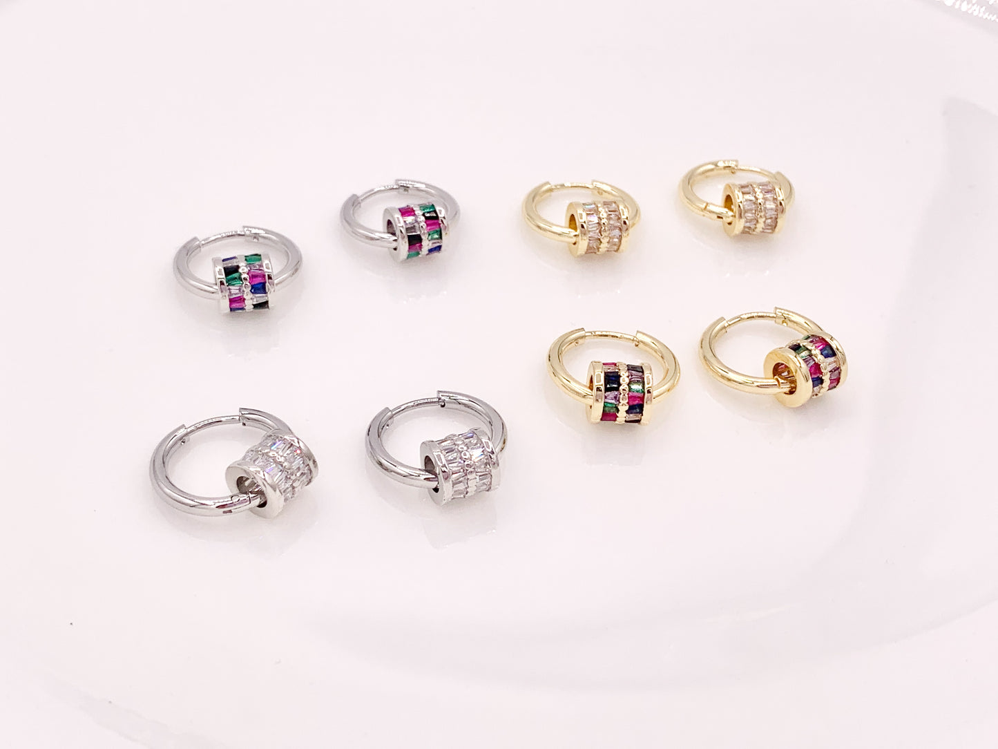 Trendsetting Gorgeous Cubic Zirconia Barrel Beads Large Hole Bead Dangle Earring Huggies in 18K Gold/Silver Plated Copper 3 pairs