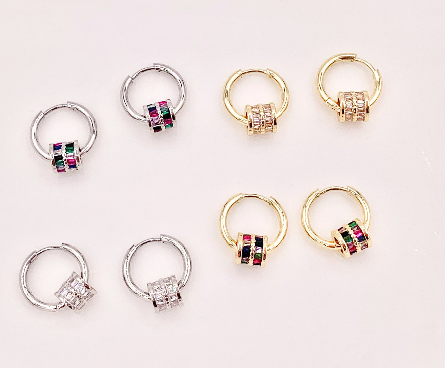 Trendsetting Gorgeous Cubic Zirconia Barrel Beads Large Hole Bead Dangle Earring Huggies in 18K Gold/Silver Plated Copper 3 pairs