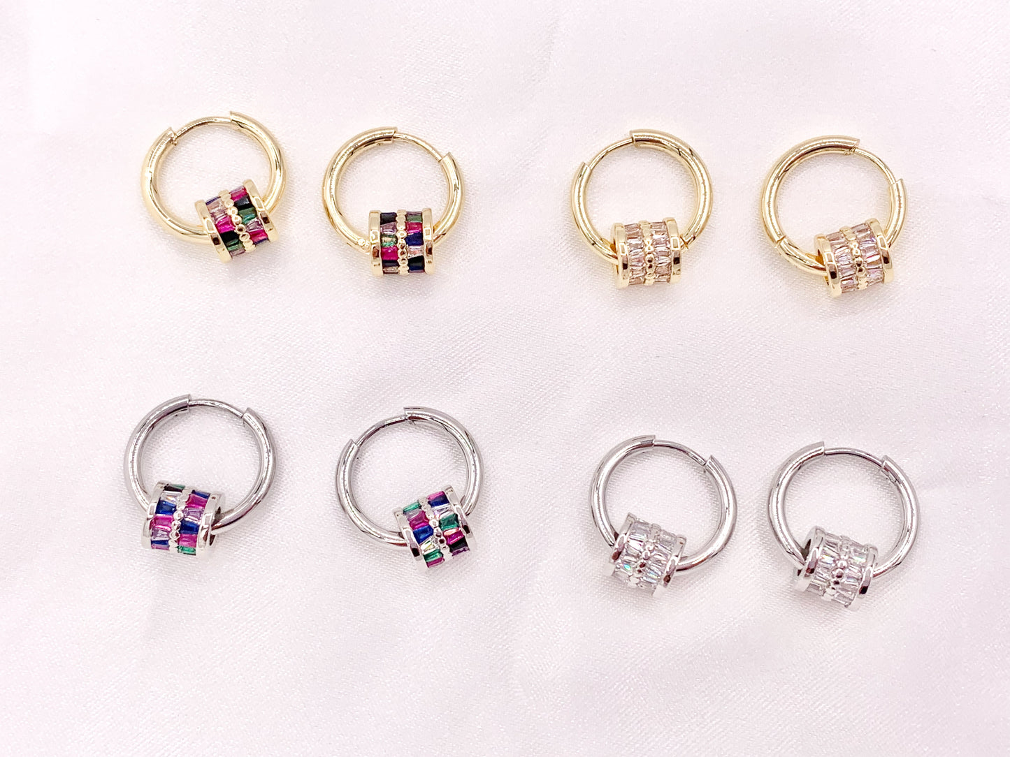 Trendsetting Gorgeous Cubic Zirconia Barrel Beads Large Hole Bead Dangle Earring Huggies in 18K Gold/Silver Plated Copper 3 pairs