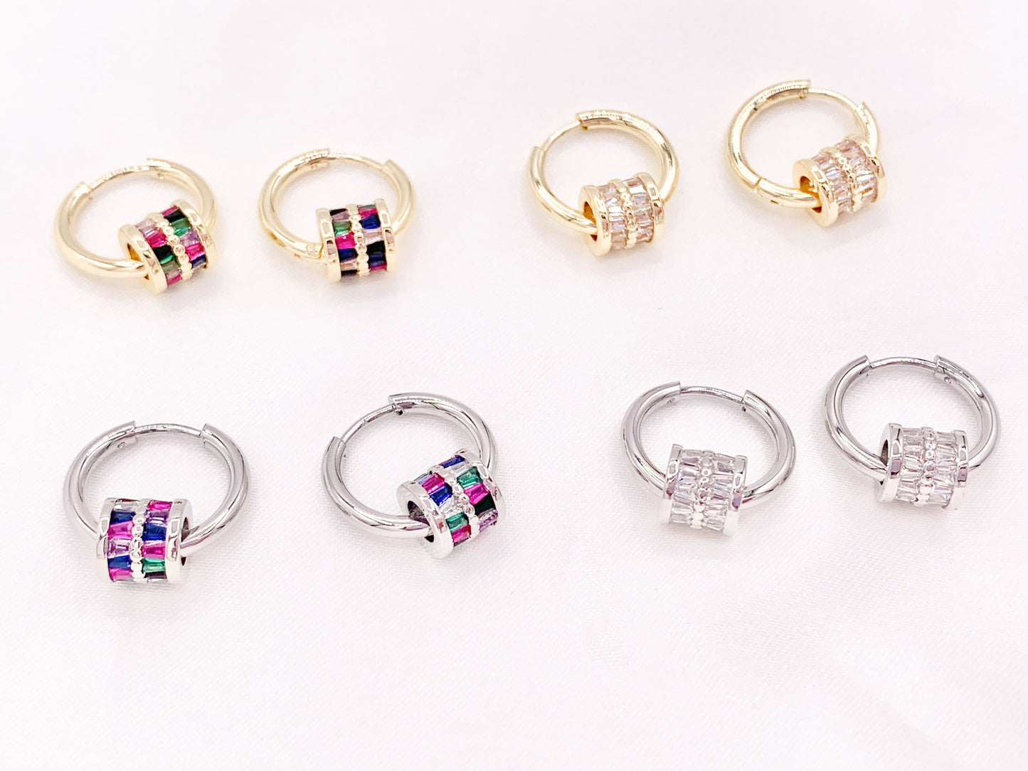 Trendsetting Gorgeous Cubic Zirconia Barrel Beads Large Hole Bead Dangle Earring Huggies in 18K Gold/Silver Plated Copper 3 pairs