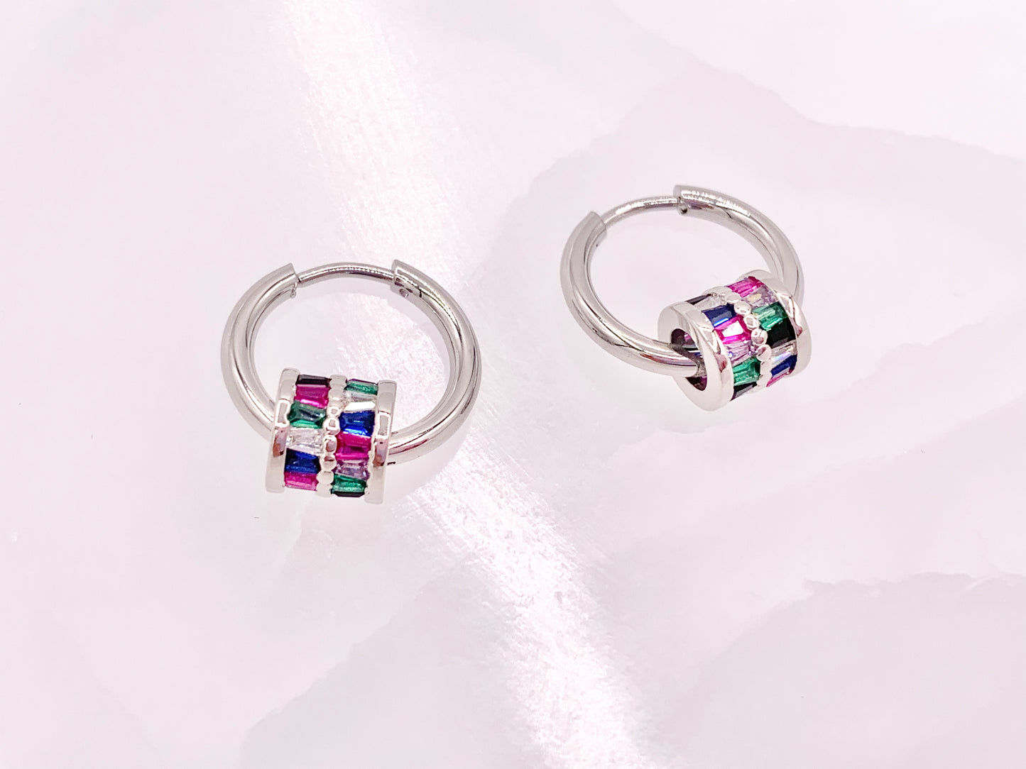 Trendsetting Gorgeous Cubic Zirconia Barrel Beads Large Hole Bead Dangle Earring Huggies in 18K Gold/Silver Plated Copper 3 pairs