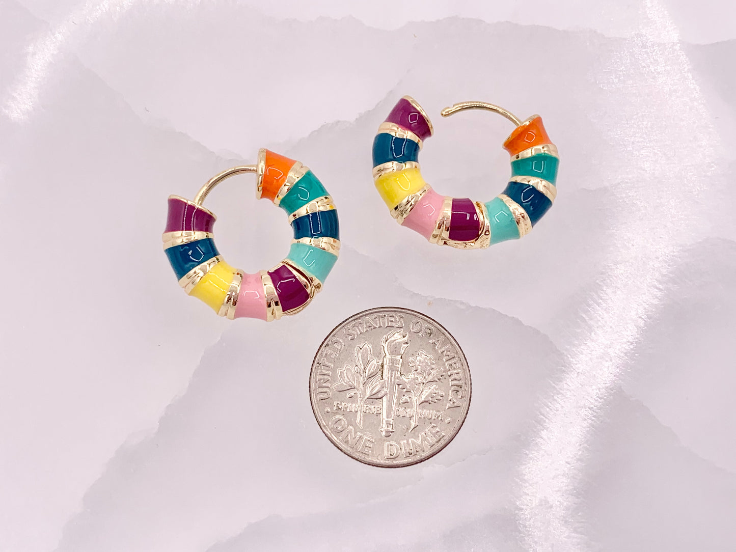 Multicolor Enamel Striped Earring Huggie Hoops in 18K Gold Plated Copper 3 pairs
