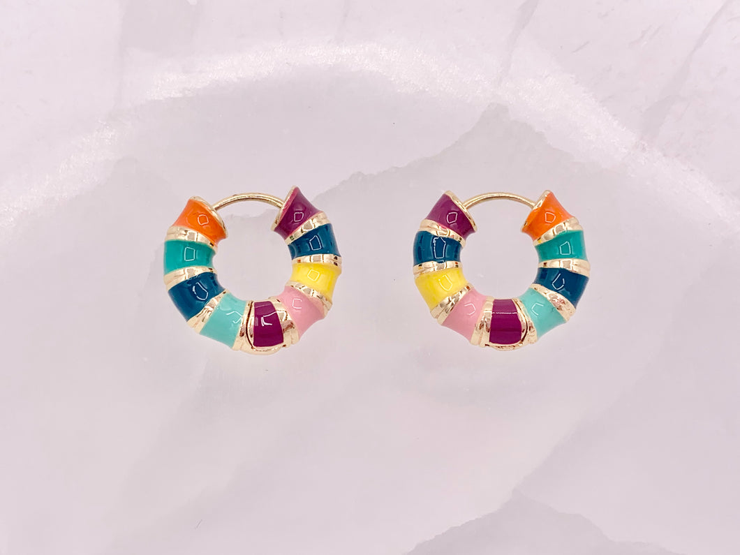 Multicolor Enamel Striped Earring Huggie Hoops in 18K Gold Plated Copper 3 pairs