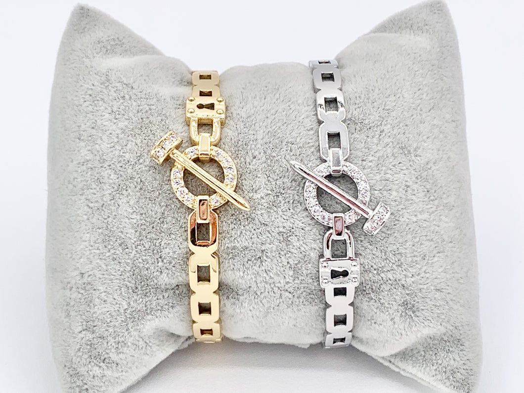 Trendy Designer Like CZ Pave Rhinestone Link Lock Nail Adjustable Bracelet Cuffs in Real 18K Gold/Platinum Plated Copper 1 pc