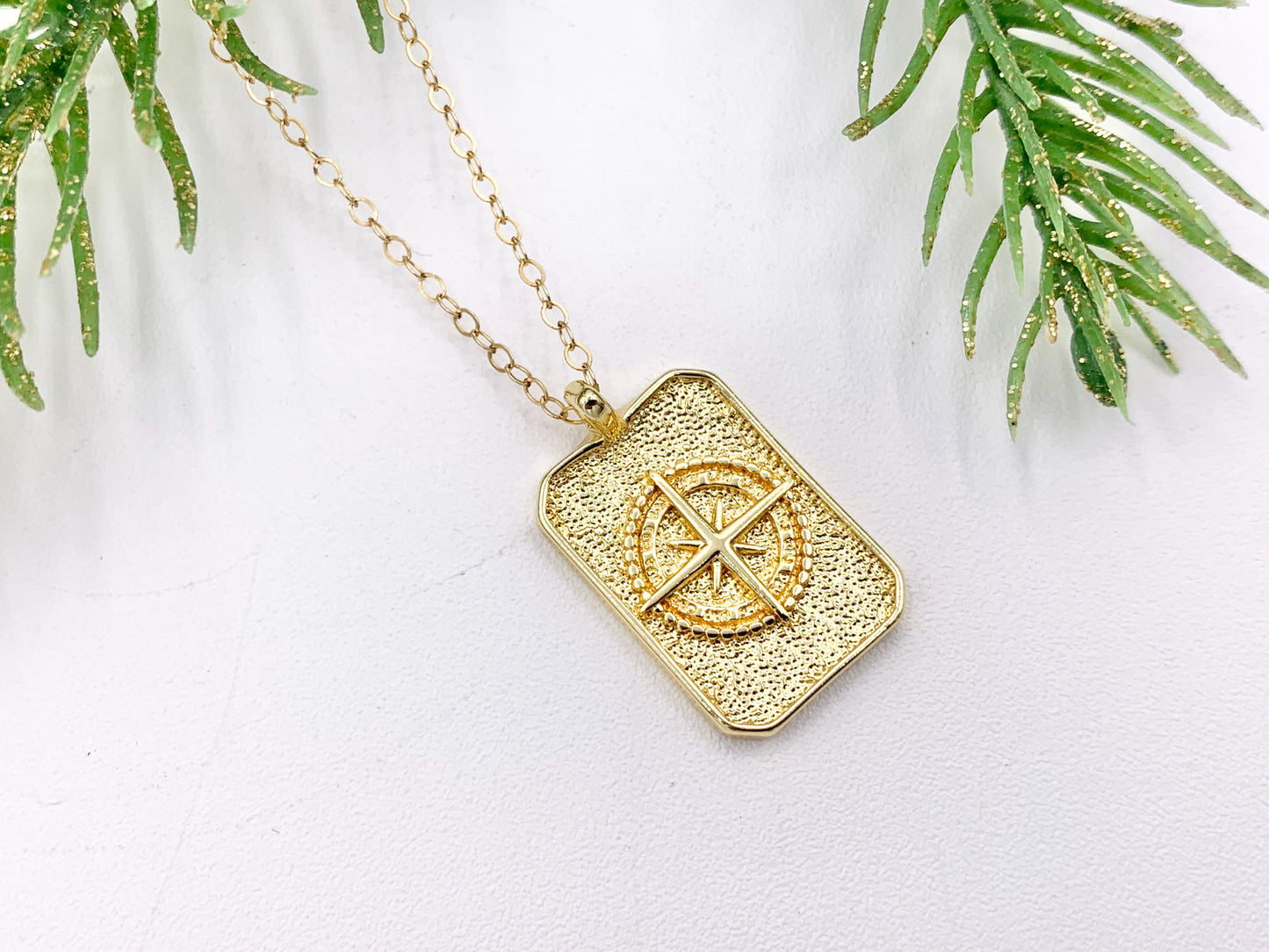 North Star Compass Rectangle Tag Pendant in 18K Gold plated Copper 8 pcs