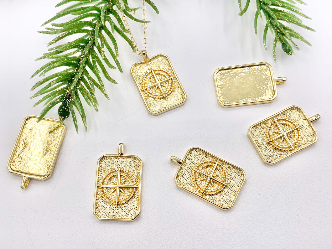 North Star Compass Rectangle Tag Pendant in 18K Gold plated Copper 8 pcs