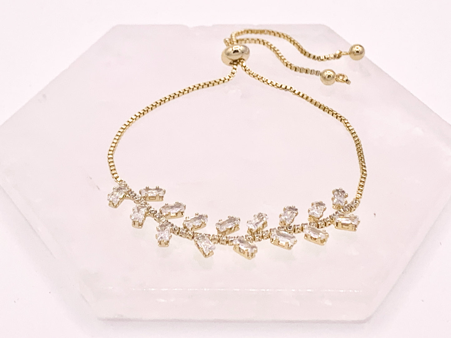 Olive Branch Style Cut CZ Pave Rhinestone Box Chain Dainty Slide Adjustable Bracelets in 18K Gold Plated Copper 3 pcs