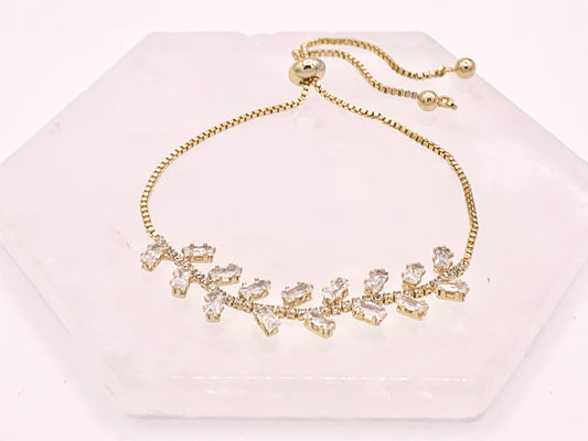 Olive Branch Style Cut CZ Pave Rhinestone Box Chain Dainty Slide Adjustable Bracelets in 18K Gold Plated Copper 3 pcs