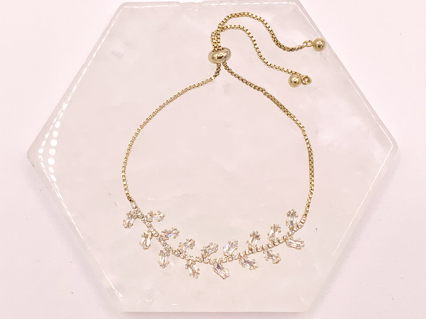 Olive Branch Style Cut CZ Pave Rhinestone Box Chain Dainty Slide Adjustable Bracelets in 18K Gold Plated Copper 3 pcs