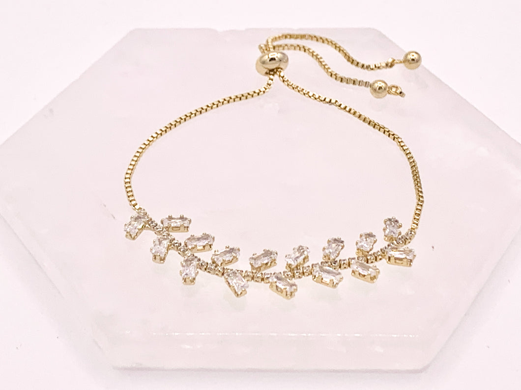 Olive Branch Style Cut CZ Pave Rhinestone Box Chain Dainty Slide Adjustable Bracelets in 18K Gold Plated Copper 3 pcs