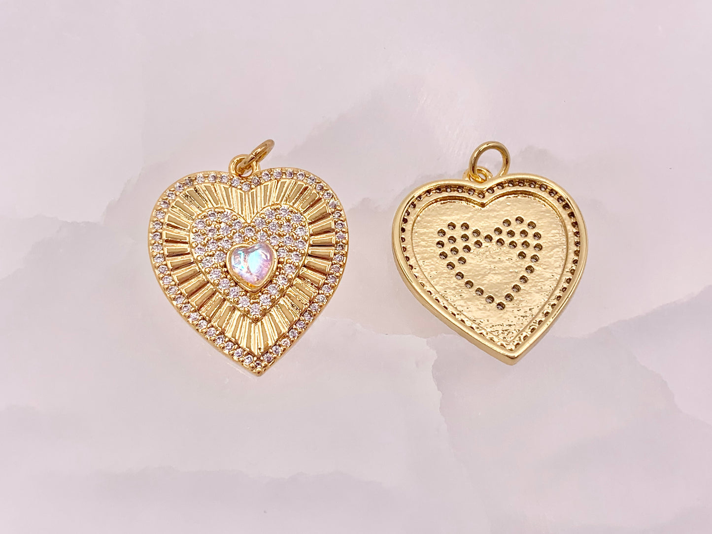 Gold Heart Pendant Charms Opalite Center CZ Pave Designed in 18K Gold Plated Copper 5 pcs