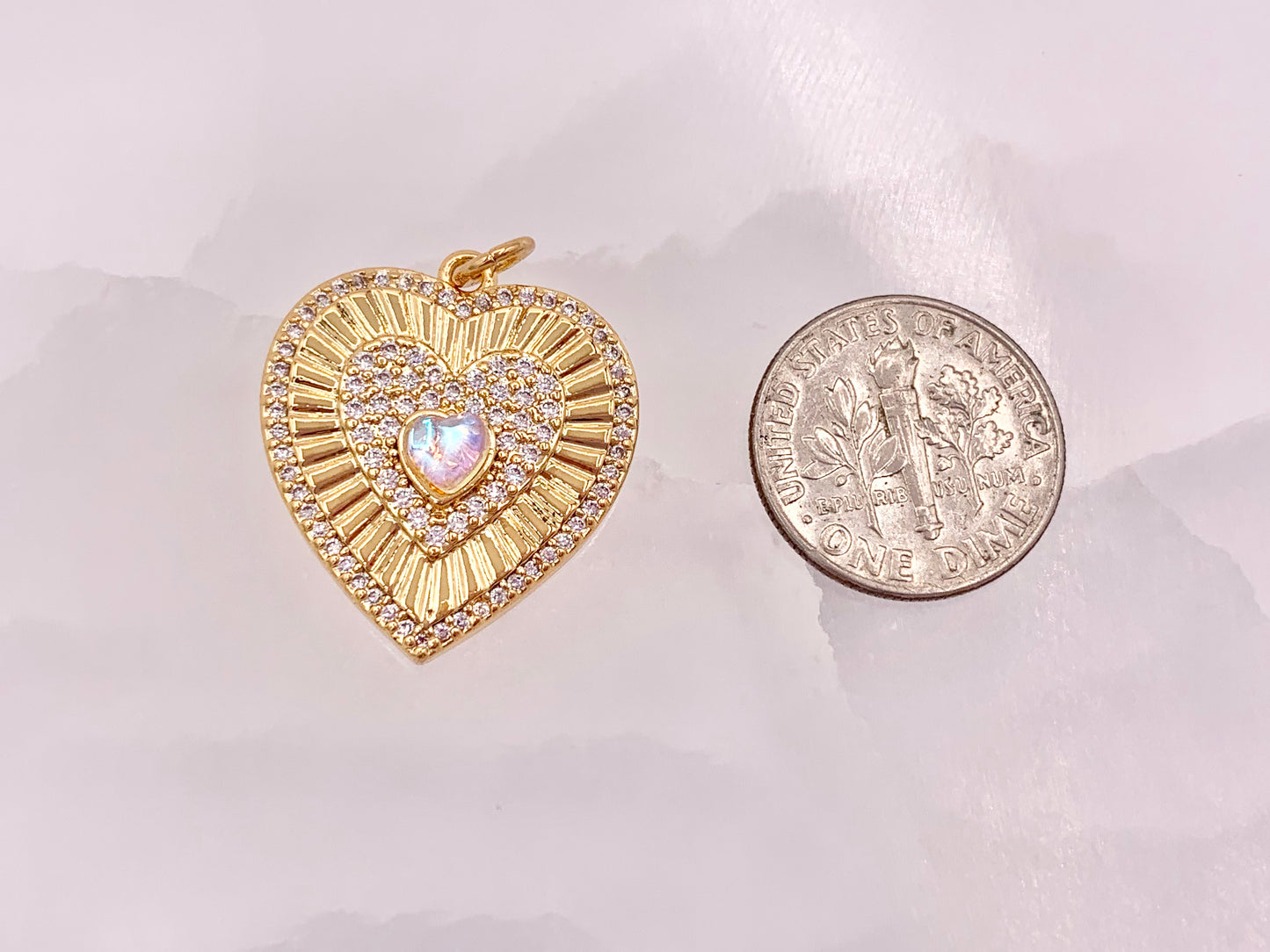 Gold Heart Pendant Charms Opalite Center CZ Pave Designed in 18K Gold Plated Copper 5 pcs
