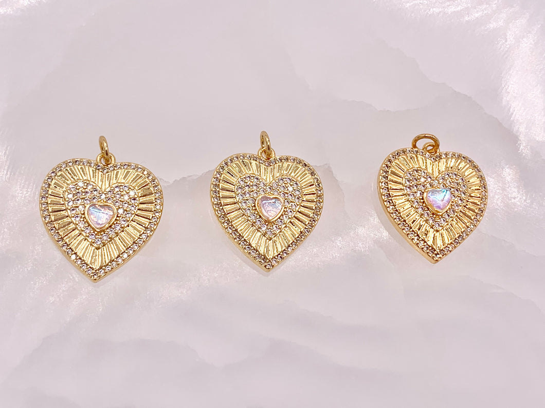 Gold Heart Pendant Charms Opalite Center CZ Pave Designed in 18K Gold Plated Copper 5 pcs