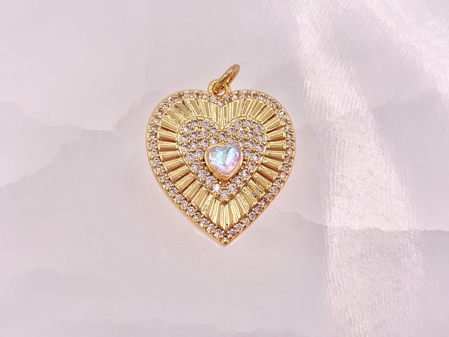 Gold Heart Pendant Charms Opalite Center CZ Pave Designed in 18K Gold Plated Copper 5 pcs