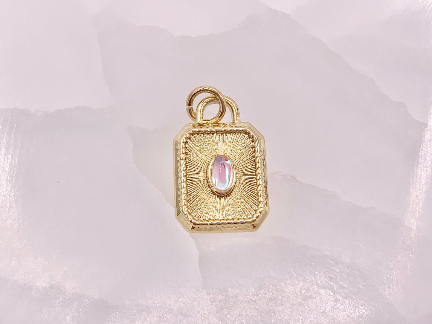 Gold Rectangle Tag Pendant Charms Opalite Center in 18K Gold Plated Copper 5 pcs