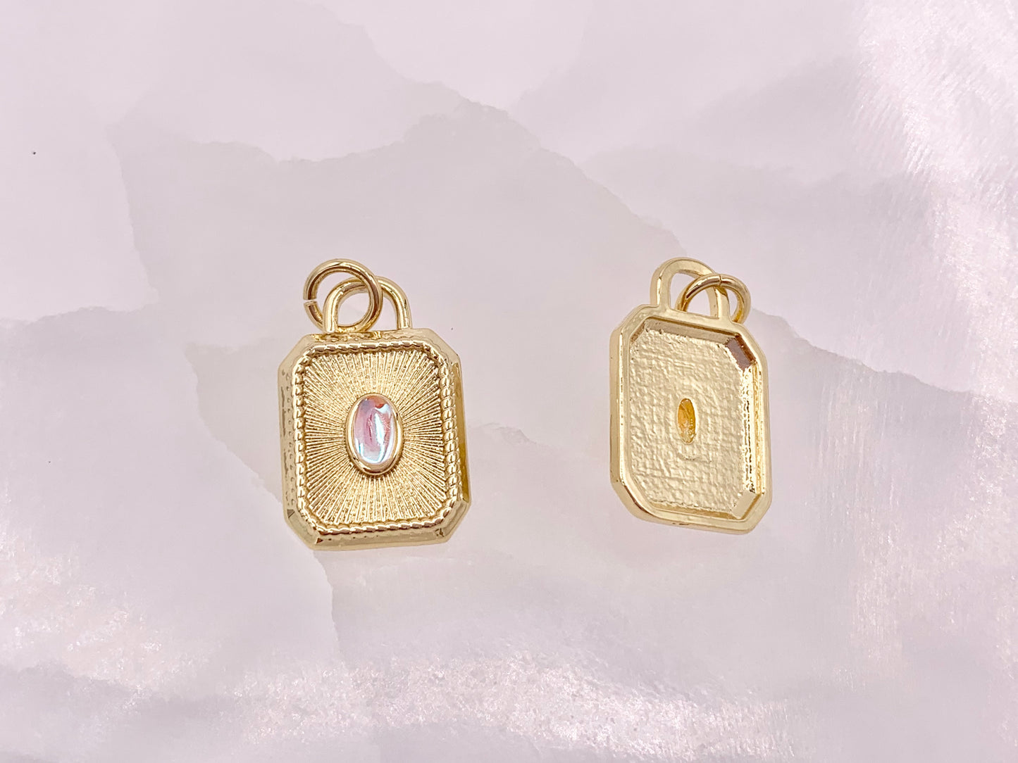 Gold Rectangle Tag Pendant Charms Opalite Center in 18K Gold Plated Copper 5 pcs