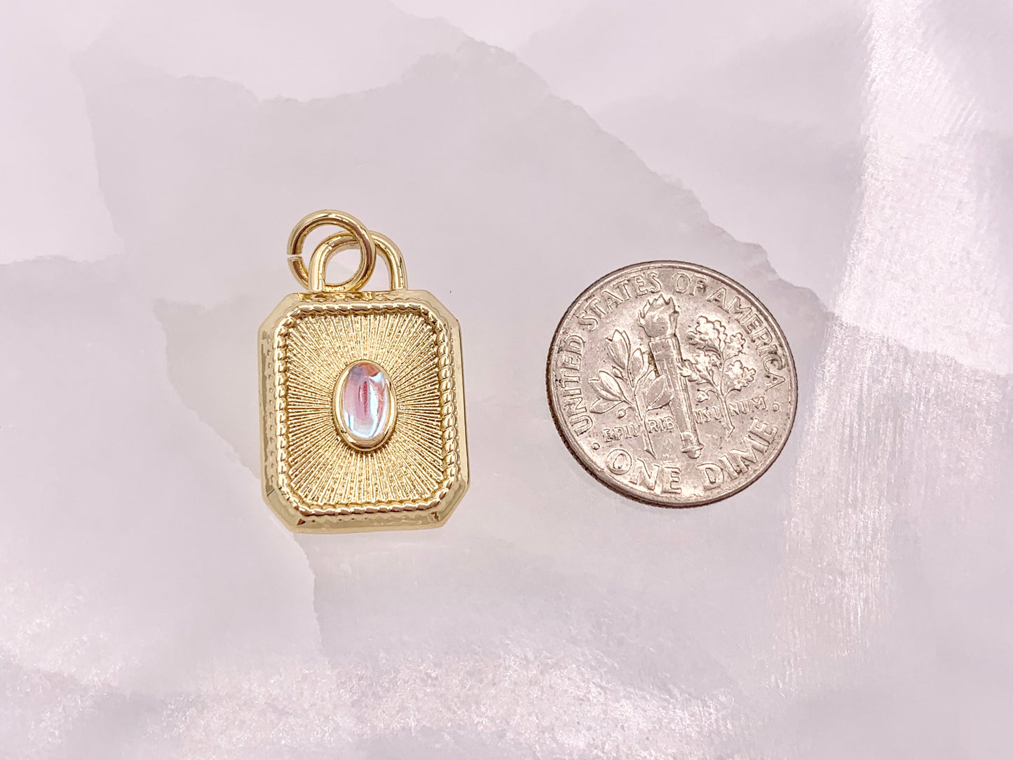 Gold Rectangle Tag Pendant Charms Opalite Center in 18K Gold Plated Copper 5 pcs