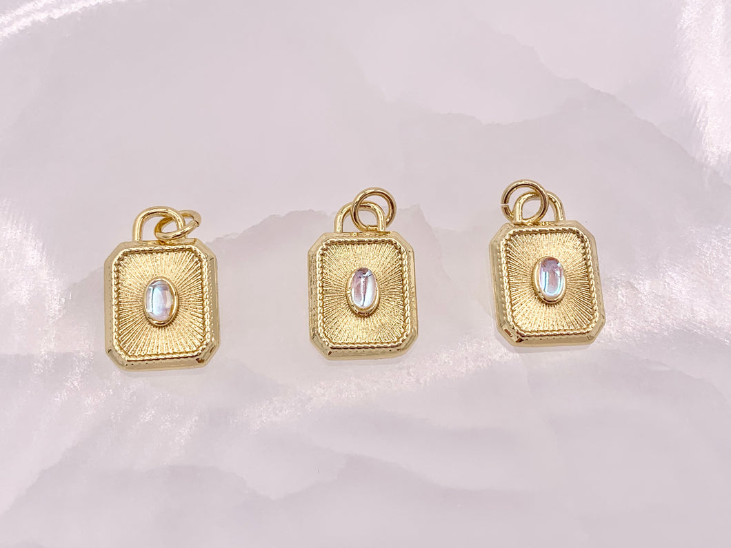 Gold Rectangle Tag Pendant Charms Opalite Center in 18K Gold Plated Copper 5 pcs