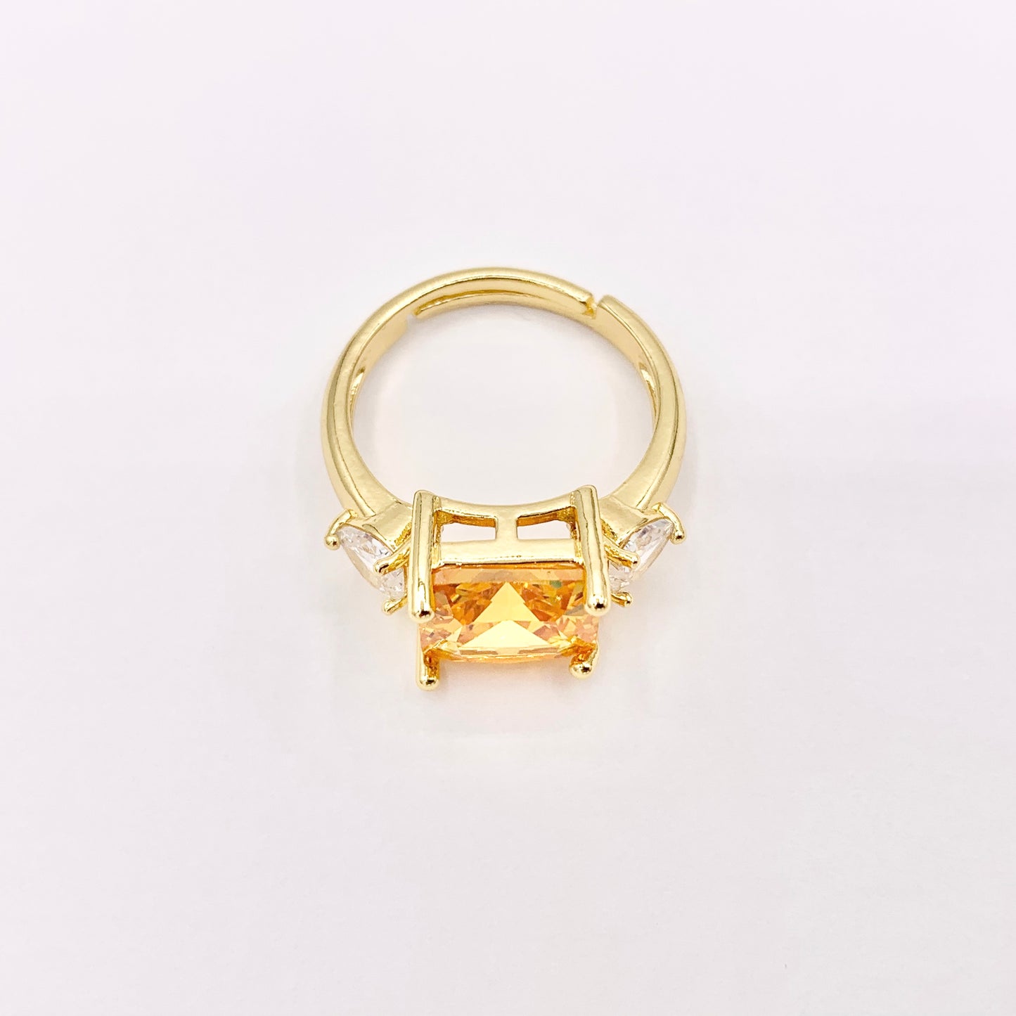 Radiant Princess Cut Square Ring in CZ Pave Orange Rhinestone Side Hearts Adjustable Rings in 18K Gold Plated Copper 4pcs