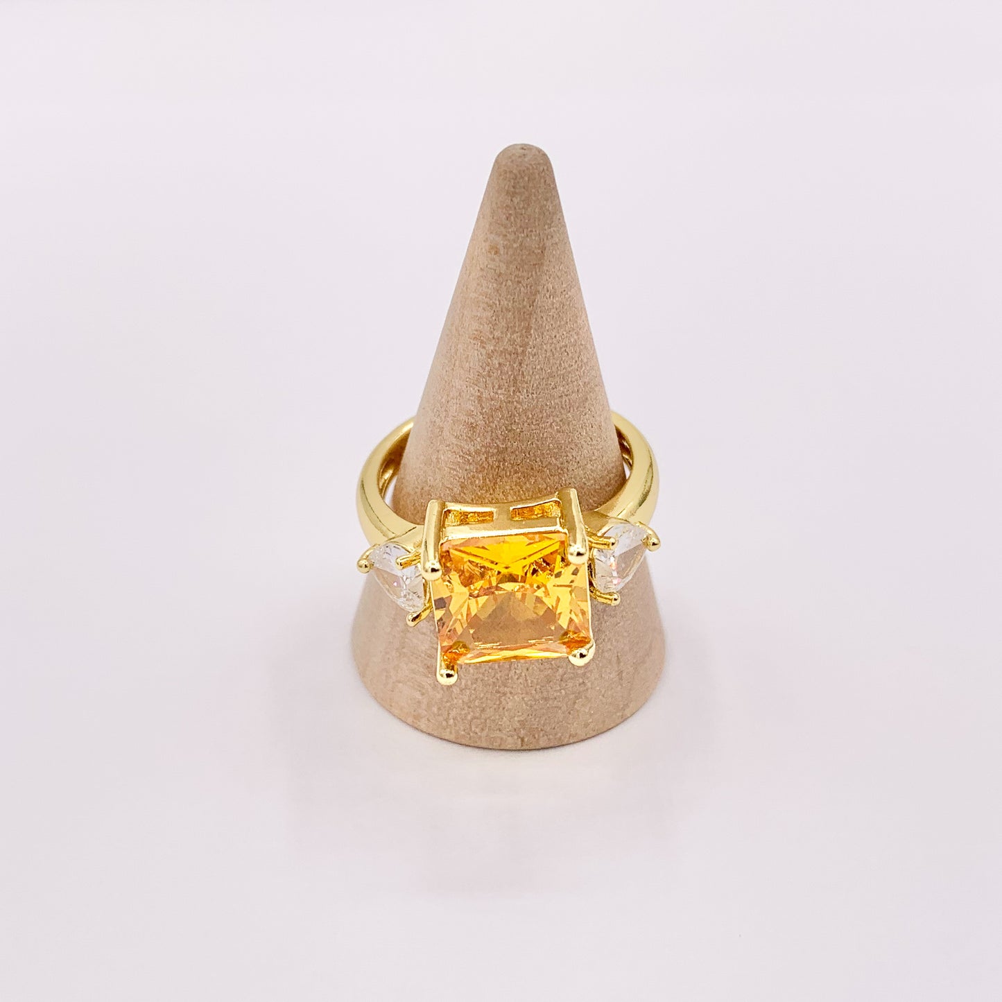 Radiant Princess Cut Square Ring in CZ Pave Orange Rhinestone Side Hearts Adjustable Rings in 18K Gold Plated Copper 4pcs