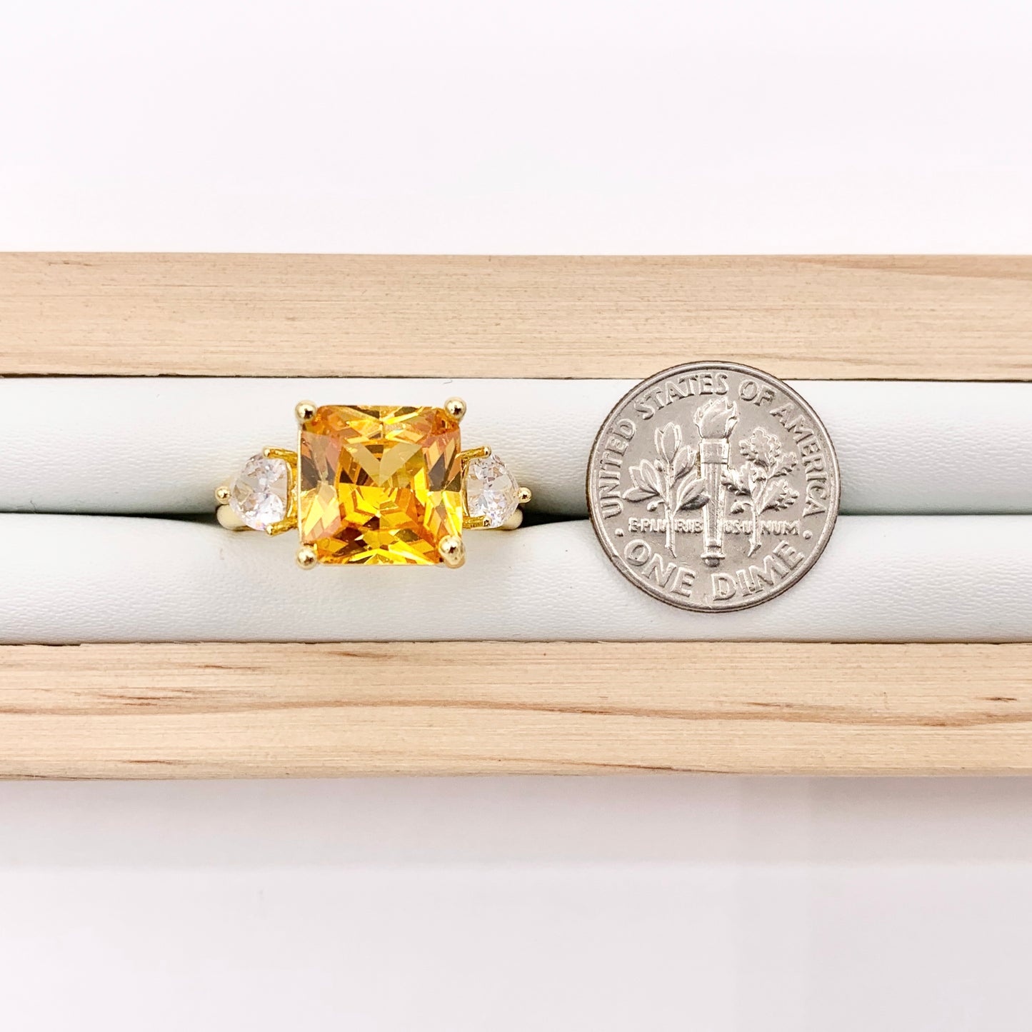 Radiant Princess Cut Square Ring in CZ Pave Orange Rhinestone Side Hearts Adjustable Rings in 18K Gold Plated Copper 4pcs