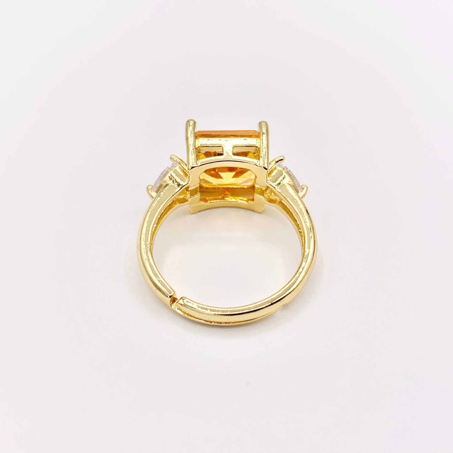 Radiant Princess Cut Square Ring in CZ Pave Orange Rhinestone Side Hearts Adjustable Rings in 18K Gold Plated Copper 4pcs