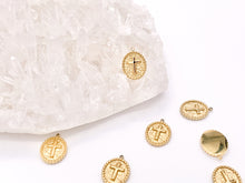 Load image into Gallery viewer, Intricate Religious Cross Rosary Oval Charms in 18K Gold plated over Copper 10 pcs
