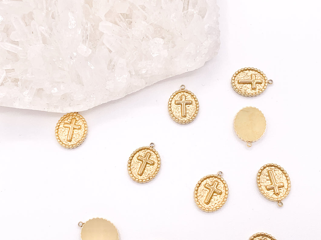 Intricate Religious Cross Rosary Oval Charms in 18K Gold plated over Copper 10 pcs