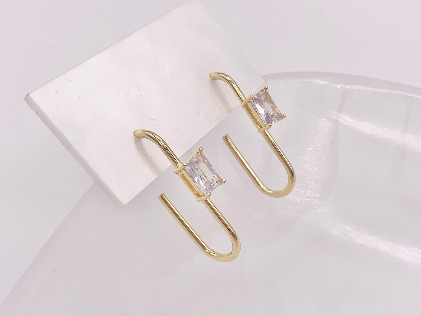 Minimal Paperclip Earring with Cubic Zirconia Emerald Cut Rhinestone in 18K Gold Silver Plated Copper Earrings 4 pairs