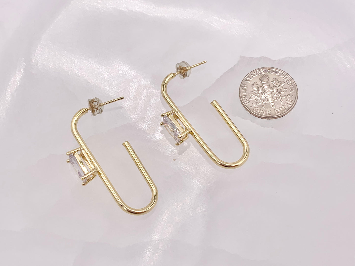 Minimal Paperclip Earring with Cubic Zirconia Emerald Cut Rhinestone in 18K Gold Silver Plated Copper Earrings 4 pairs