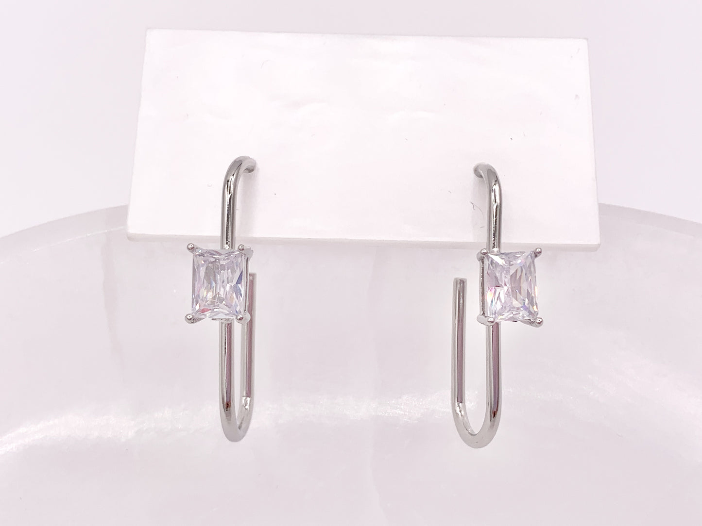 Minimal Paperclip Earring with Cubic Zirconia Emerald Cut Rhinestone in 18K Gold Silver Plated Copper Earrings 4 pairs