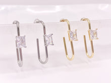 Load image into Gallery viewer, Minimal Paperclip Earring with Cubic Zirconia Emerald Cut Rhinestone in 18K Gold Silver Plated Copper Earrings 4 pairs
