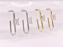 Load image into Gallery viewer, Minimal Paperclip Earring with Cubic Zirconia Emerald Cut Rhinestone in 18K Gold Silver Plated Copper Earrings 4 pairs
