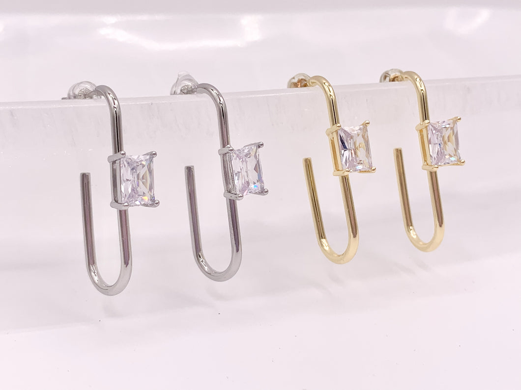 Minimal Paperclip Earring with Cubic Zirconia Emerald Cut Rhinestone in 18K Gold Silver Plated Copper Earrings 4 pairs