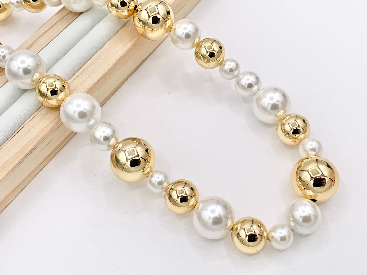 Mother of Pearl + Gold Beads Plated Brass Finished Necklace 8mm-16mm