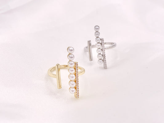 Statement Lined Pearl Cubic Zirconia Open Front Rings in 18K Gold or Silver Plated Copper 4 pcs