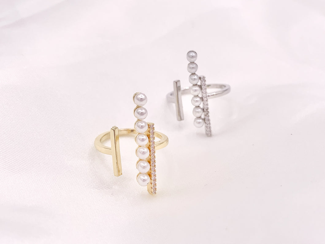 Statement Lined Pearl Cubic Zirconia Open Front Rings in 18K Gold or Silver Plated Copper 4 pcs